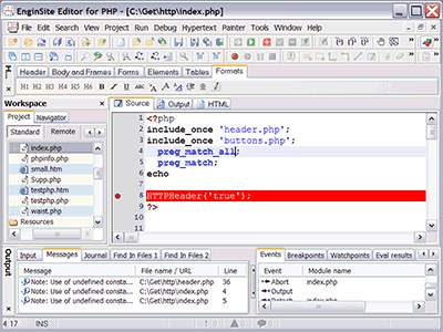 Screenshot of EngInSite PHP Editor (IDE)